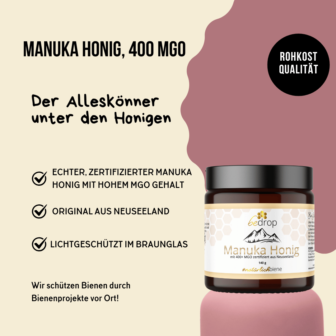 Manuka Honig von bedrop erhätlich bei Liebe der Natur  umfasst viele Vorteile: Hoher Zertifizierter MGO Gehalt über 400, original aus Neuseeland und Lichtgeschützt im Braunglas